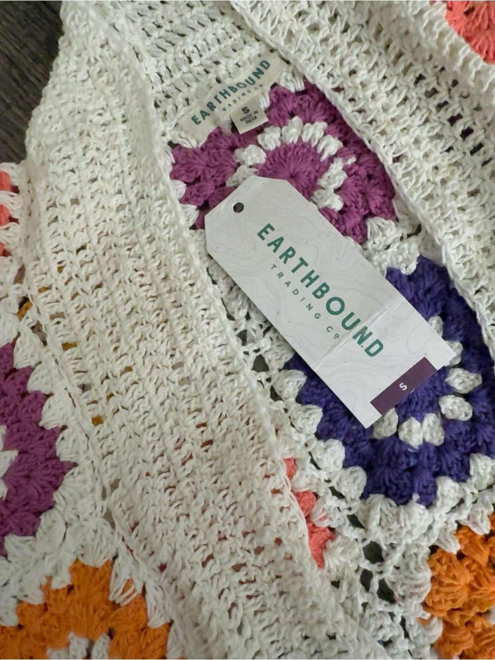 EARTHBOUND Cream Crochet Cardigan with Teal, Purple & Coral Squares - Picture 3 of 6